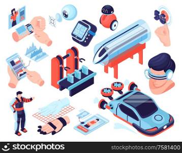 Isometric technologies future set with isolated images of futuristic cars body parts with sensors on blank background vector illustration