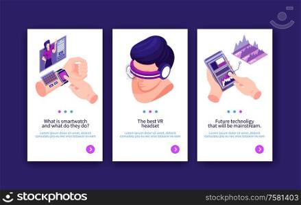 Isometric technologies future vertical banner with page switch buttons text and human body parts with electronic gadgets vector illustration