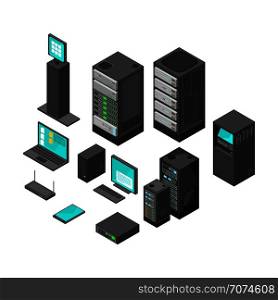 Isometric technology and banking icons. Flat vector illustration. Computer and laptop with system hardware networking. Isometric technology and banking icons. Flat vector illustration