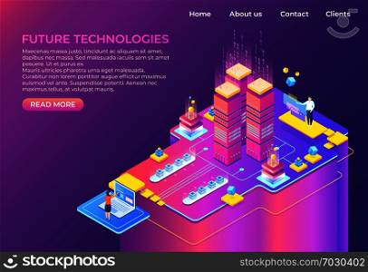Isometric technology concept. Business 3D background, modern infographic design, futuristic web page. Vector isometric landing page system computer. Isometric technology concept. Business 3D background, modern infographic design, futuristic web page. Vector isometric landing page