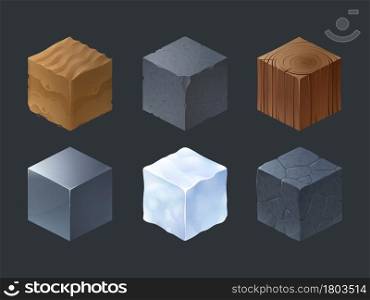 Isometric texture cubes for game with pattern of wood, stone, cement, ice, iron and sand. Vector cartoon set of 3d blocks of different materials isolated on gray background. Isometric texture cubes for game