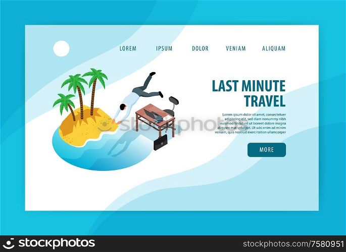 Isometric tourist agency concept banner web site landing page background with clickable links buttons and text vector illustration