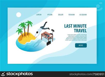 Isometric tourist agency concept banner web site landing page background with clickable links buttons and text vector illustration