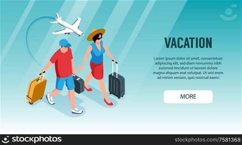 Isometric tourist agency horizontal banner with more button editable text and characters of tourists with suitcases vector illustration