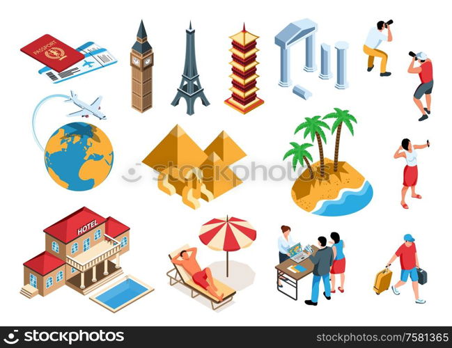 Isometric tourist agency set with isolated icons places of interest and human characters on blank background vector illustration