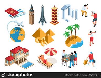 Isometric tourist agency set with isolated icons places of interest and human characters on blank background vector illustration