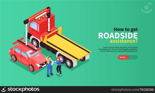 Isometric tow truck horizontal banner with slider button editable text and images of people near cars vector illustration