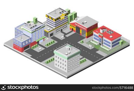 Isometric town concept with government buildings set of hospital police fire station vector illustration