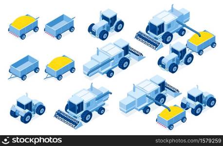 Isometric tractor machinery for grain and hay harvest, industrial and agricultural vehicles for farming works, 3d vector illustration set. Isometric tractor and agricultural machinery