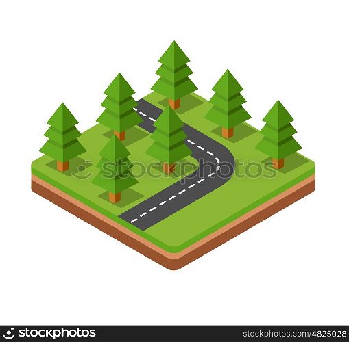 Isometric trees on road. Isometric trees on three-dimensional space of the road