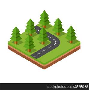 Isometric trees on road. Isometric trees on three-dimensional space of the road