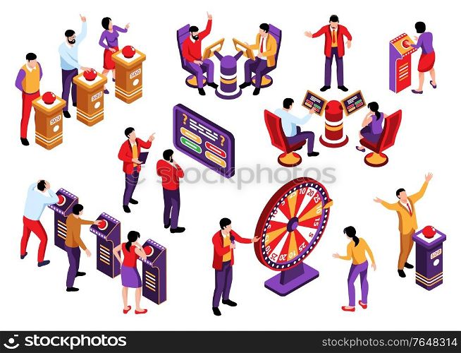 Isometric tv quiz set with isolated human characters of show participants and host with scene elements vector illustration