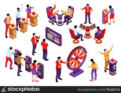 Isometric tv quiz set with isolated human characters of show participants and host with scene elements vector illustration