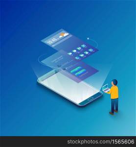 Isometric UI Flowchart. Mockup mobile application concept isometric flat design. Vector illustration.