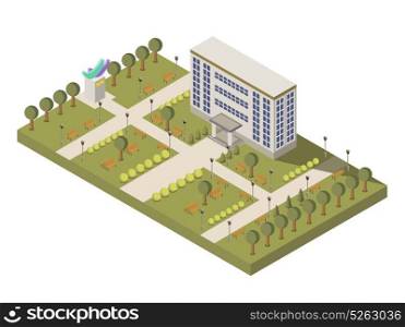 Isometric University And Campus Composition. Isometric university and campus composition with university building and garden vector illustration