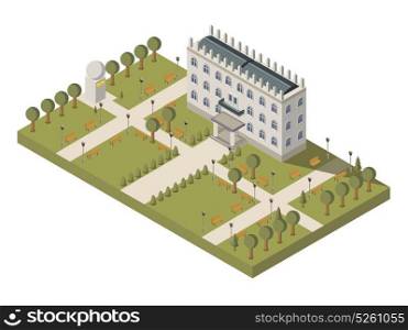 Isometric University Composition. Isometric university composition with university building park and campus vector illustration