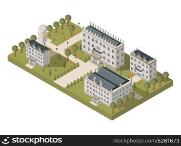 Isometric University Concept. Isometric university concept with university buildings lawns and park vector illustration