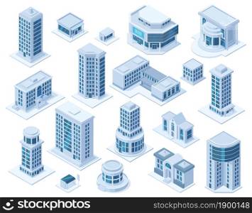 Isometric urban city downtown district architecture buildings. Skyscraper buildings, hospital school and shop vector illustration set. Modern city buildings isometric downtown architecture. Isometric urban city downtown district architecture buildings. Skyscraper buildings, hospital school and shop vector illustration set. Modern city buildings