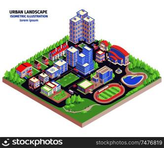 Isometric urban composition with modern city district landscape with low-rise buildings green zones and stadium vector illustration
