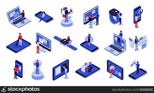 Isometric user interface. Online office, device interactions and touch mobile interfaces. Message sharing social app test drawing, ui seo process testing. Isolated 3d icons vector set. Isometric user interface. Online office, device interactions and touch mobile interfaces 3d vector set