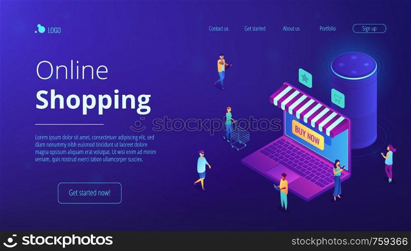 Isometric users buying in online store, laptop screen and voice assistant landing page. Online shopping and service, mobile marketing concept. Blue violet background. Vector 3d isometric illustration.. Isometric online shopping and voice assistant landing page.