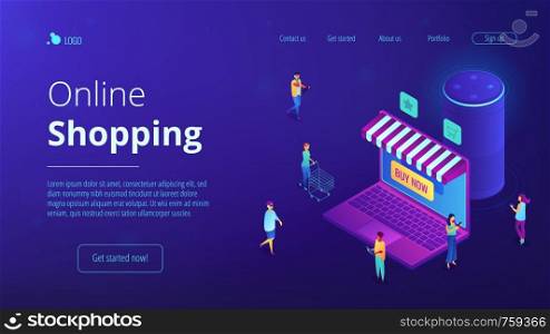 Isometric users buying in online store, laptop screen and voice assistant landing page. Online shopping and service, mobile marketing concept. Blue violet background. Vector 3d isometric illustration.. Isometric online shopping and voice assistant landing page.