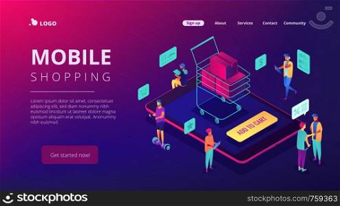 Isometric users buying with tablets and shopping cart with boxes landing page. Online store and buy, e-commerce, mobile marketing concept. Ultra violet background. Vector 3d isometric illustration.. Isometric mobile shopping and buying landing page.