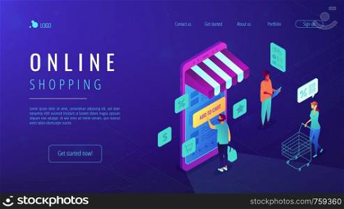 Isometric users doing shopping online with mobile phone landing page. Mobile shopping, ordering and buying online, e-commerce concept. Blue violet background. Vector 3d isometric illustration.. Isometric online shopping landing page.