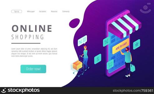 Isometric users doing shopping online with smartphones landing page. Mobile shopping, ordering and buying online, online marketing concept. Ultra violet background. Vector 3d isometric illustration.. Isometric online shopping and buying landing page.