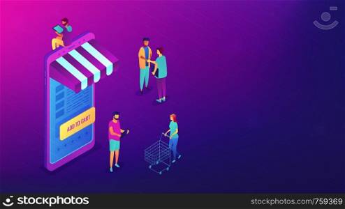 Isometric users with gadgets shopping online. Internet shopping, e-commerce and technology, online marketing and purchase concept. Ultra violet background. Vector 3d isometric illustration.. Isometric shopping online with gadgets illustration.