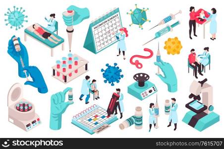 Isometric vaccination color set with isolated icons of virus molecules syringe images test tubes and people vector illustration