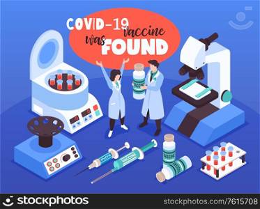 Isometric vaccination coronavirus composition with happy doctor characters laboratory equipment and covid-19 vaccine tube images vector illustration
