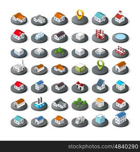 Isometric vector 3D icon city buildings for infographic concept set which includes house, offices homes shop stores, supermarkets and industrial elements