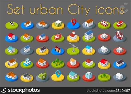 Isometric vector 3D icon city buildings for infographic concept set which includes house, offices homes shop stores, supermarkets and industrial elements
