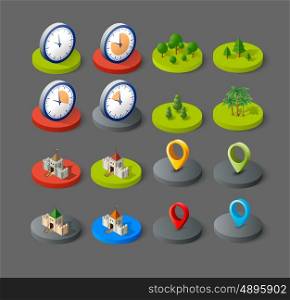 Isometric vector 3D icon city buildings for infographic concept set which includes house, offices homes shop stores, supermarkets and industrial elements