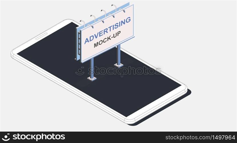 Isometric vector advertising mock-up. Realistic white outline smartphone with street billboard. 3d model of phone. Internet media illustration, marketing web site template, landing page background