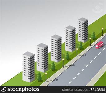 Isometric vector fantasy on the theme of the city with a red bus