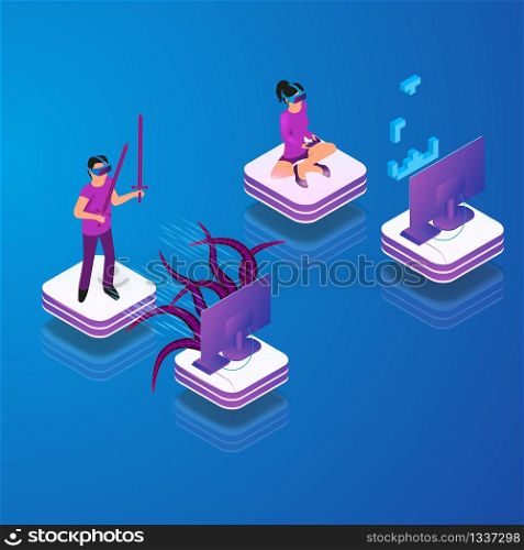 Isometric Vector Gaming in Virtual Reality in 3d. Illustration People Play Video Game Using Virtual Reality Glasses. Technology Future Entertainment Industry. Guy Hold Sword, Girl Uses Joystick Play