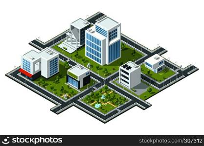Isometric vector illustration of public constructions. Buildings and trees on 3d map fragment. Cartography picture. District template structure, model of public urban district with green park. Isometric vector illustration of public constructions. Buildings and trees on 3d map fragment. Cartography picture