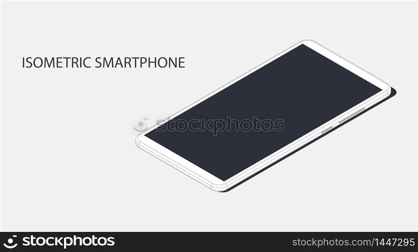 Isometric vector illustration. Realistic white outline smartphone. 3d model of phone isolated on a gray background.