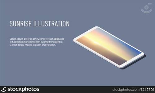 Isometric vector illustration. Realistic white smartphone with aerial panoramic view of sunrise over ocean. 3d model of phone