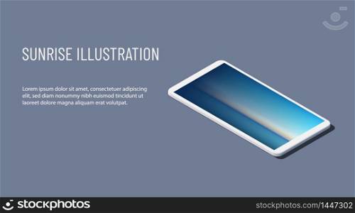Isometric vector illustration. Realistic white smartphone with aerial panoramic view of sunrise over ocean. 3d model of phone