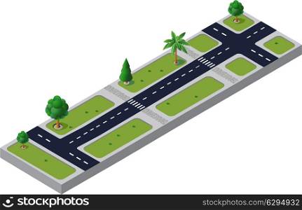 Isometric vector road with trees and crossroads