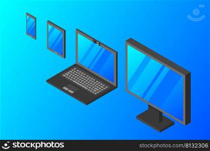 Isometric vector set of computer laptop tablet pc and smart-phone. 3d devices on modern background.