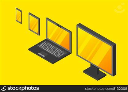 Isometric vector set of computer laptop tablet pc and smart-phone. 3d devices on modern background.