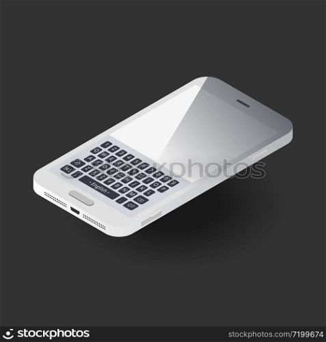 Isometric vector smartphone top view on the black background. Isometric white smartphone top view. Vector image