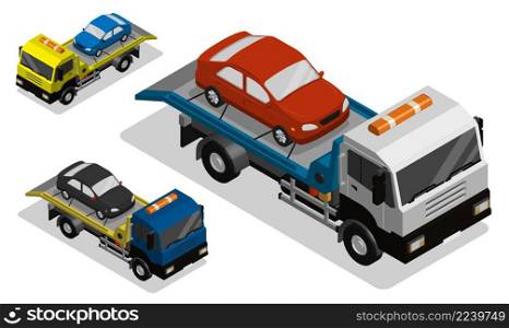 Isometric vehicle for evacuation of broken cars. Tow truck for transporting to car impound. Realistic 3D vector isolated on white background