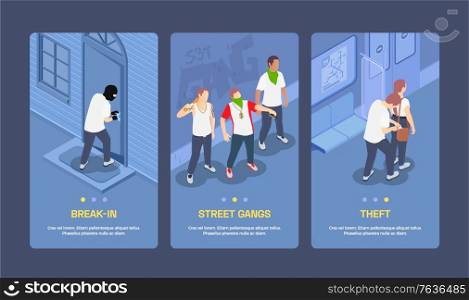 Isometric vertical banners set with street gangs committing thefts and breaking locks 3d isolated vector illustration