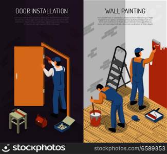 Isometric vertical renovation banners set with men installing door and painting walls 3d isolated vector illustration. Isometric Renovation Banners