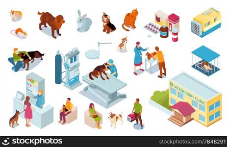 Isometric veterinary color icon set with reception of clinic building pets veterinarian petl carrier cage medication vector illustration